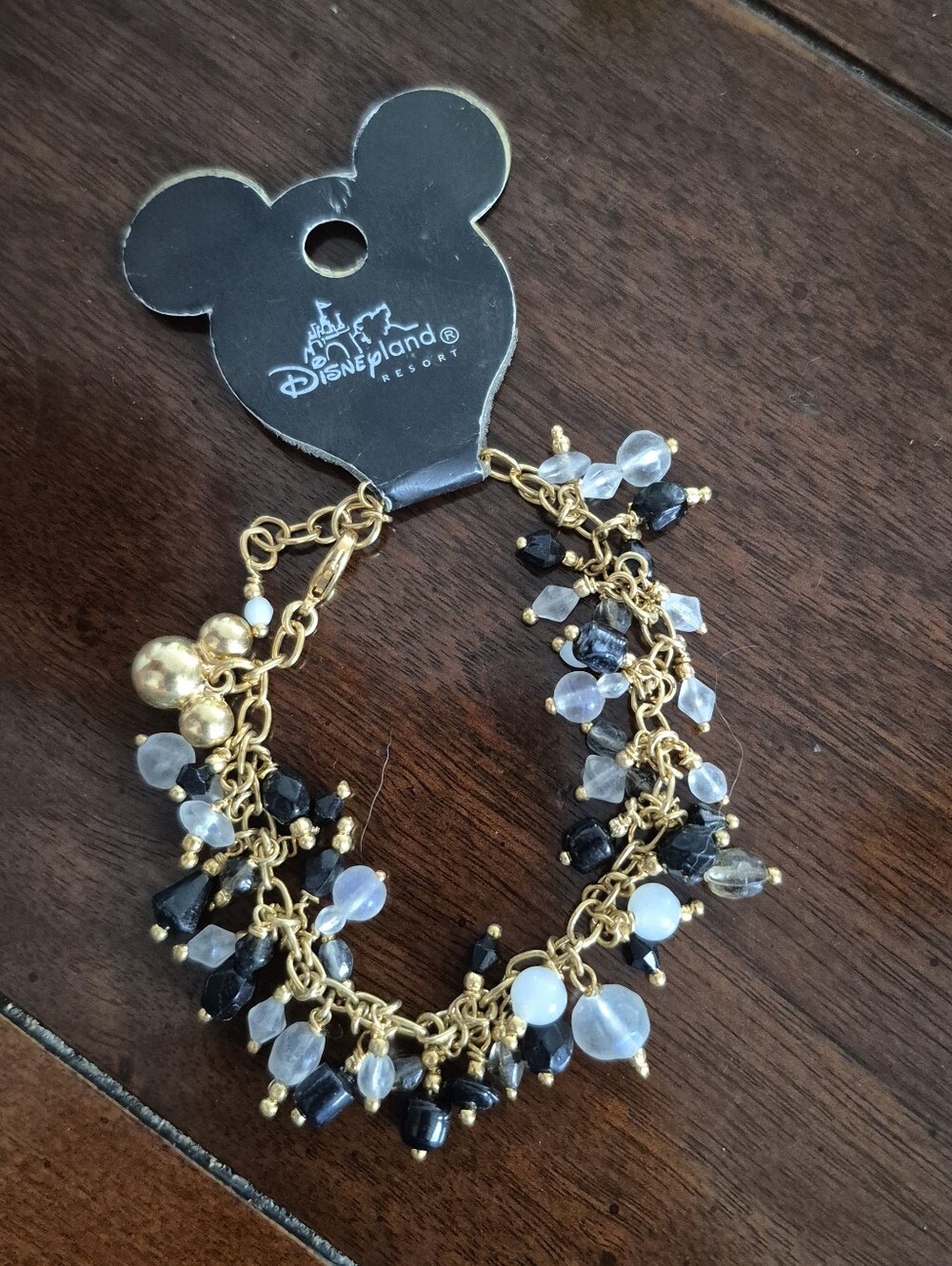 Disneyland Resort Mickey Charm Bracelet Black White Beaded Gold Tone Disney NWT